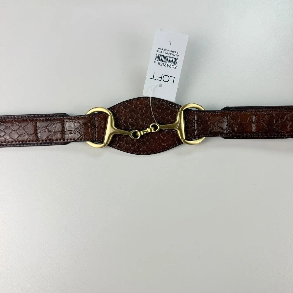 LOFT Womens Large Horsebit Waist Belt Brown Faux Croc Gold Equestrian NEW